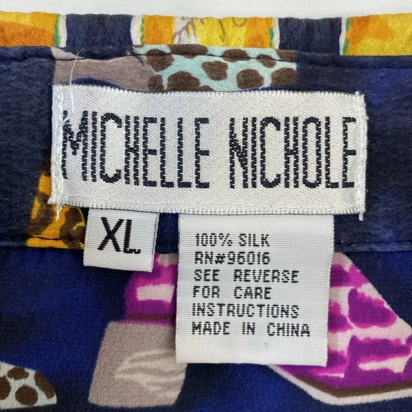 Vintage Michelle Nichole Button Up Shirt Womens Sz XL Blue Gold Silk Boot Purses - Picture 9 of 12